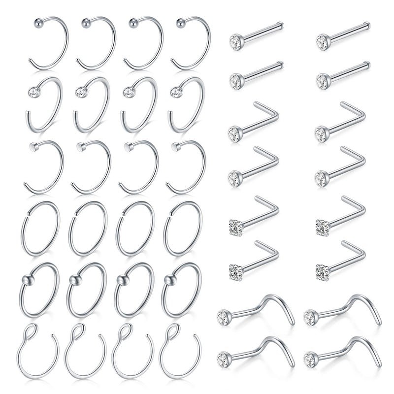 MODRSA Nose Rings Hoop 18g Septum Ring L Shape Nose Studs Screw Surgical Stainless Steel Thin Cartilage Helix Tragus Earrings Hoops C Shape High Nostril Piercing Jewelry Pack Silver - Image 1